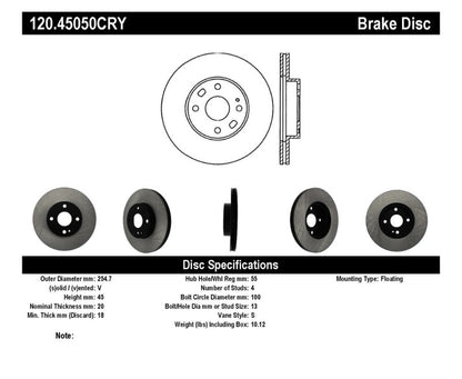 Centric 94-05 Mazda Miata MX-5 (Normal Suspension) Front CryoStop Rotor